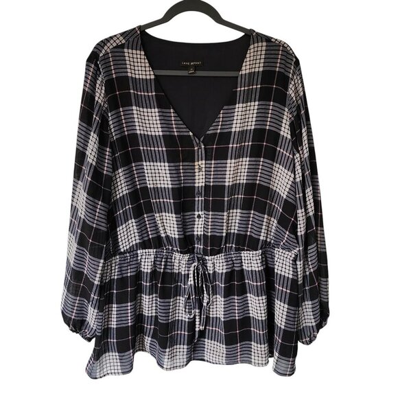 Lane Bryant Navy Blue Plaid Button Front V-Neck Peasant Top Size 22 - Picture 2 of 9